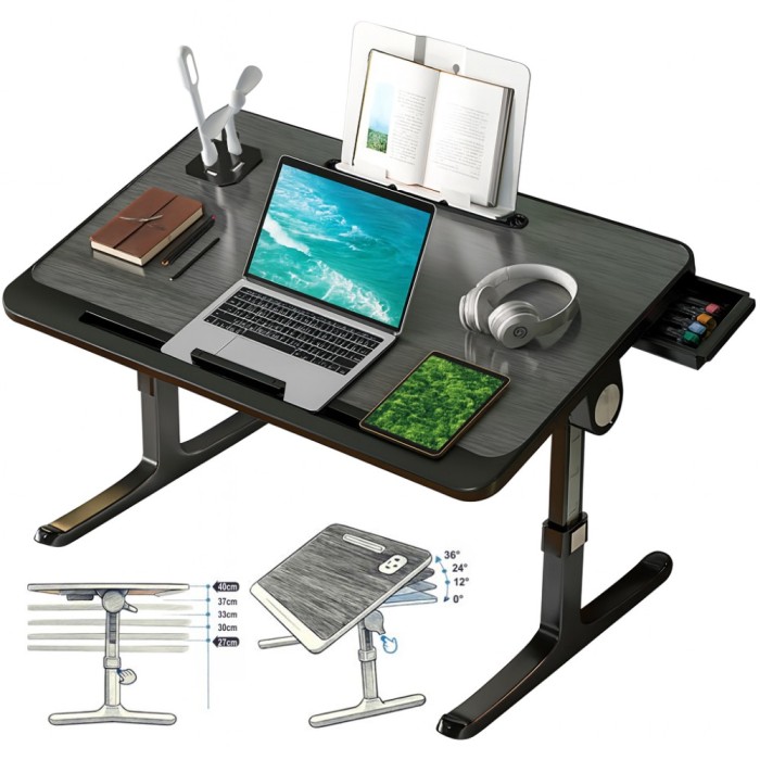 Stand laptop multifunctional tip masuta, Linomag&reg;, Reglabil, Pliabil, 60cm x 40cm x 27cm ~ 40cm, Suport carte, Suport tableta, Sertar depozitare, Negr