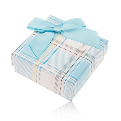 Cutiuță de cadou pentru inel sau cercei, model &amp;icirc;n carouri, fundiță albastru deschis foto