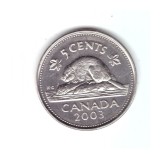 Moneda Canada 5 cents/centi 2003, stare foarte buna, curata