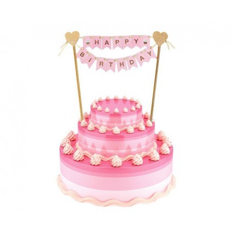 Topper din hartie pentru tort B&amp;G La multi ani, roz deschis, 25 cm