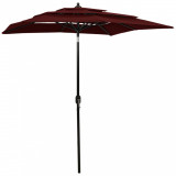 Umbrelă de soare 3 niveluri, st&acirc;lp aluminiu, roșu bordo, 2x2 m, vidaXL