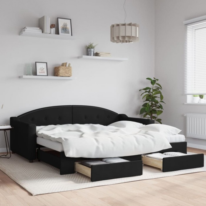 vidaXL Pat de zi cu extensie și sertare, negru, 90x190cm, textil