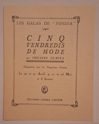 Invitație originală Les Galas de &amp;ldquo;Femina&amp;rdquo; &amp;ndash; Cinq Vendredis de Mode au Th&amp;eacute;&amp;acirc;tre Femina (Paris, 1923) foto