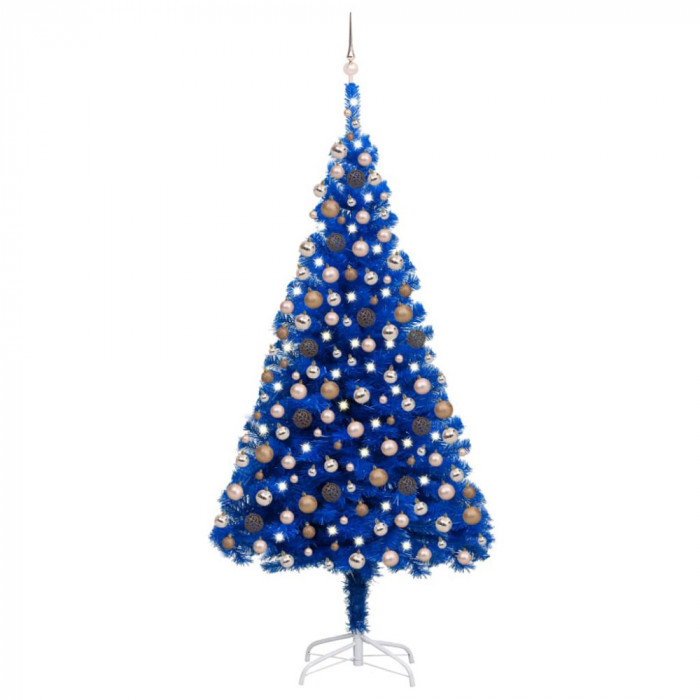 Brad de Crăciun artificial LED-uri&amp;globuri albastru 210 cm PVC