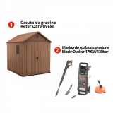 Pachet Casuta de gradina maro Keter Darwin 6x8 + Masina de spalat cu presiune Black+Decker 1700W 130bar 420l/h