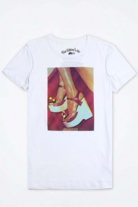 Tricou de dama cu maneca scurta din bumbac superior cu imprimeu tip imagine vintage/retro, alb, 2XS-XS