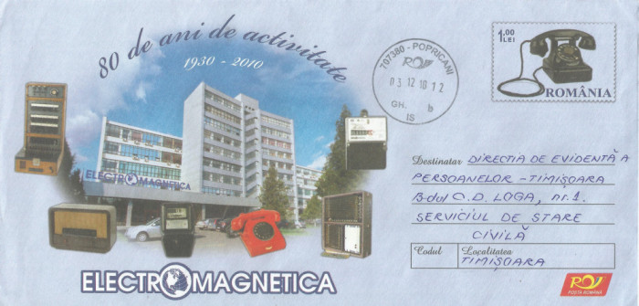 Romania, 80 de ani de activitate Electromagnetica, intreg postal circulat, 2010