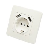 Priza schuko alba incastrata 220V, 16A, 2xUSB 5V 2.1A, PC 80x80mm