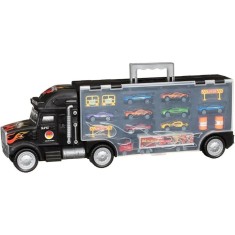 Set Camion Trailer tip TIR cu 8 Masinute, Scara 1:22, Compartimente de Depozitare, Design Negru, Jucarie pentru Copii,