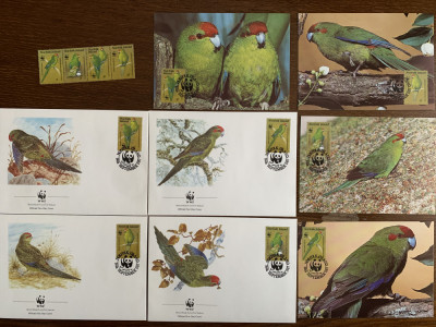 Norfolk - pasari - papagal - serie 4 timbre MNH, 4 FDC, 4 maxime, fauna wwf foto