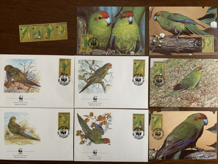 Norfolk - pasari - papagal - serie 4 timbre MNH, 4 FDC, 4 maxime, fauna wwf