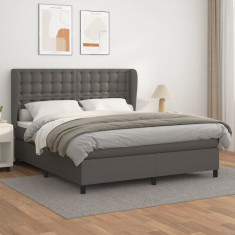 vidaXL Pat box spring cu saltea, gri, 180x200 cm, piele ecologică