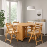 Set masa plianta cu spatiu depozitare, usa si sertar, Pal Melaminat, 160x96x80 cm si 6 scaune pliante lemn, tapitate cu piele ecologica, fag