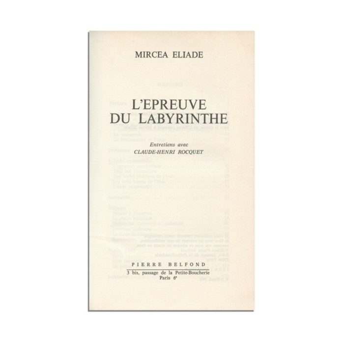 Mircea Eliade, L&#039;&Eacute;preuve du labyrinthe, 1978