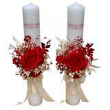 Set de lumanari pentru cununie, cu aranjament frontal din trandafiri si plante naturale uscate si stabilizate ,personalizabil (alb rosu), Eventissimi&reg;
