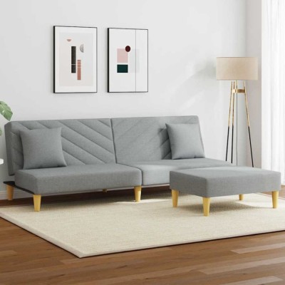 vidaXL Canapea extensibilă cu pernuță și taburet 2 locuri gri textil 3216255 foto