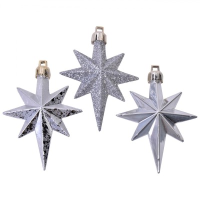 Set Ornamente Crăciun, Stele Argintii Mat, Strălucitoare cu Glitter, 8 cm, 16 Bucăți foto