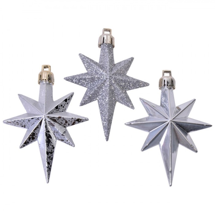Set Ornamente Crăciun, Stele Argintii Mat, Strălucitoare cu Glitter, 8 cm, 16 Bucăți
