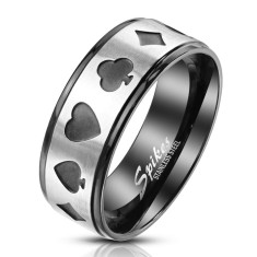 Inel din oțel &icirc;ntr-o nuanță negru-argintie &ndash; simboluri ale cărților de joc, de poker, 8 mm - Marime inel: 65