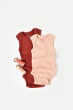 Set 2 body-uri fara maneci bebe unisex din bumbac organic si modal - Caramiziu Somon, BabyCosy (Marime: 0-3 Luni)
