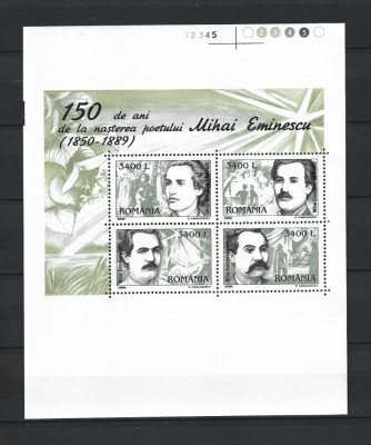 ROMANIA 2000 - 150 DE ANI MIHAI EMINESCU, BLOC NETAIAT, MNH - LP 1502 foto