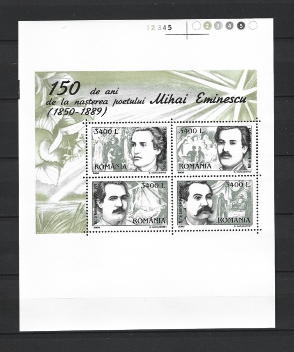 ROMANIA 2000 - 150 DE ANI MIHAI EMINESCU, BLOC NETAIAT, MNH - LP 1502