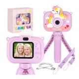 Aparat foto digital pentru copii, model Unicorn mov cu trepied 1080P