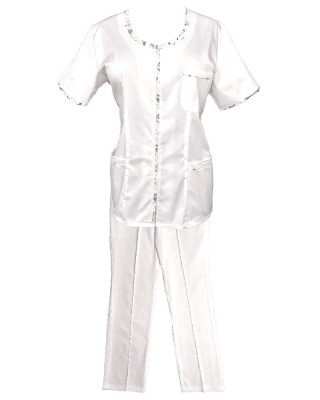 Costum Medical Pe Stil, Alb cu Elastan cu fermoar și garnituri stil Japonez, Model Ana - XL, S foto