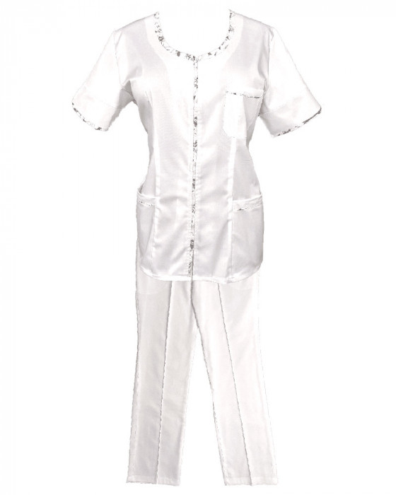 Costum Medical Pe Stil, Alb cu Elastan cu fermoar și garnituri stil Japonez, Model Ana - 3XL, 3XL