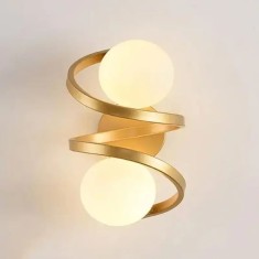 Lustra / aplica tip spirala cu 2 globuri din sticla alba, culoare corp auriu, dulie E27