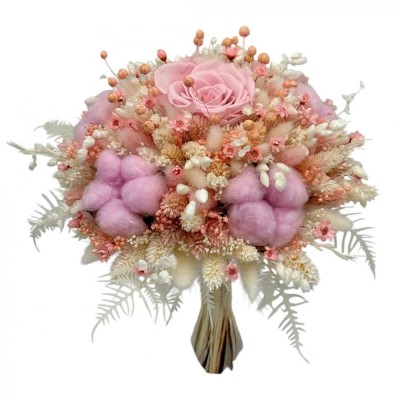 Buchet de flori crogenate, roz pudra ,bumbac si mix plante naturale uscate foto
