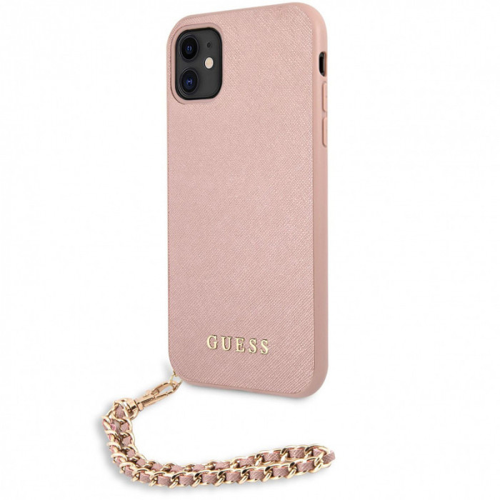 Husa Piele Guess Saffiano Gold Chain pentru Apple iPhone 11, Roz GUHCN61SASGPI