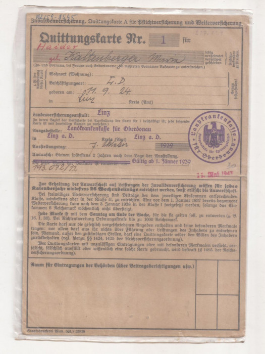 Asigurare de invaliditate , chitanta . Austria - Linz anul 1939