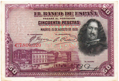 Spania 50 Pesetas 1928 Seria 7801020 foto