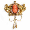 Brosa Antica Aur 14K cu Coral Sculptat, Zeita Flora, 1845, 4.54g, Unicat, Bijuterie Veche de Colectie, Certificat
