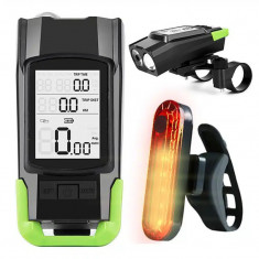 Ciclocomputer Wireless pentru bicicleta cu Lumini LED fata-spate si Claxon