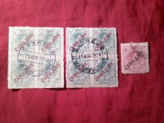 2 Blocuri de 4 valori + 1 Timbru 1919 Cap Jubi supratipr pe timbre Spania Rege Alfons XIII ,5c , 30c si 40c stampila centrala