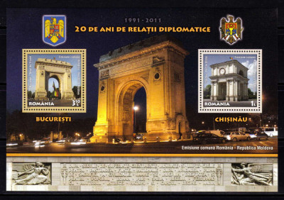 RO 2011 LP 1918a &amp;quot;20 ani relatii dipl. Romania-Moldova &amp;quot; , colita 516 ,MNH foto