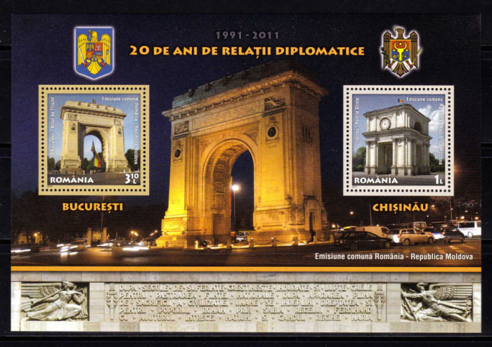 RO 2011 LP 1918a &quot;20 ani relatii dipl. Romania-Moldova &quot; , colita 516 ,MNH