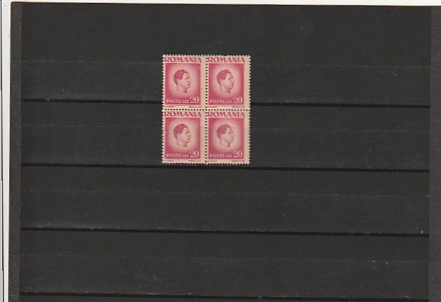 RO - 1945 LP 188 MIHAI I VAL 20 LEI BLOC DE 4 TIMBRE EROARE DANTELATURA DR. MNH