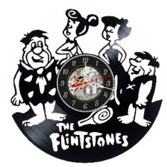 Ceas de perete decorativ realizat din disc de vinil, Model The Flintstones Familia Flintstone, Fred Barney Wilma Betty, Negru, 30 cm