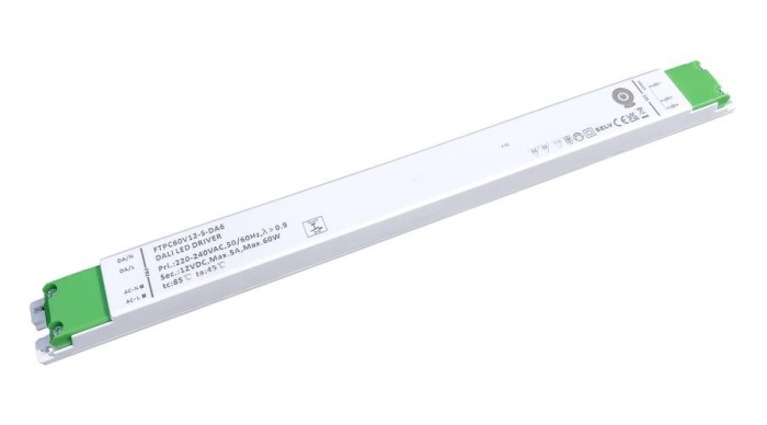 Sursă de alimentare POS FTPC60V12-S-DA6, driver LED POS 12V/5A CV DALI tip 6, cu reglare luminoasă prin buton, carcasă liniară din plastic