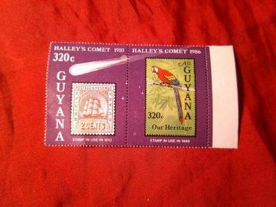 Timbru si Vigneta Guyana 1986 Cometa Halley (are pliu) foto