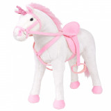 VidaXL Jucărie unicorn din pluș &icirc;n picioare, alb și roz, XXL