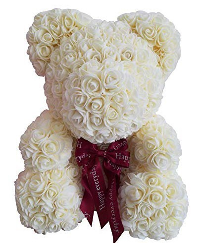 Ursulet floral Alb decorat manual cu trandafiri de spuma 25 cm ideal pentru cadou Ursulet floral Alb decorat manual cu trandafiri de spuma 25 cm ideal pentru cadou