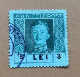 Imperiul Austro-Ungar Poșta de Campania K.u.K. Feldpost 1917 Ocupația Militară &icirc;n Rom&acirc;nia &Icirc;mpăratul Carol I 3 Lei Verde-Albăstrui Ștampilat - OREF1