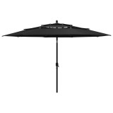 vidaXL Umbrelă grădină cu 3 niveluri, st&acirc;lp aluminiu, negru, 3,5 m