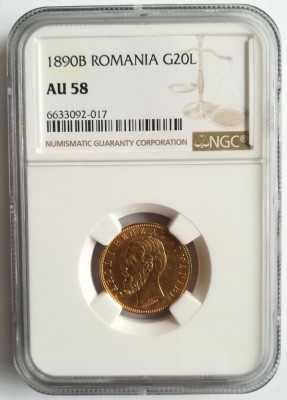 Moneda AUR 20 lei 1890, Carol I, certificata de NGC cu gradul AU58 foto