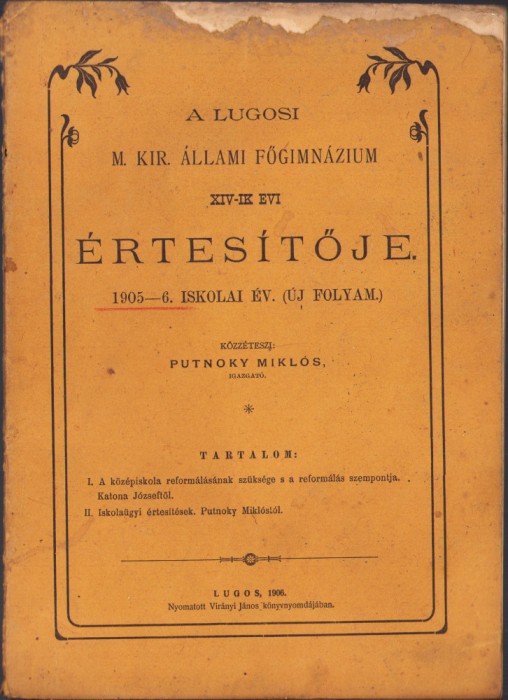HST C1353 A lugosi fogimnazium ertesitoje 1905-6