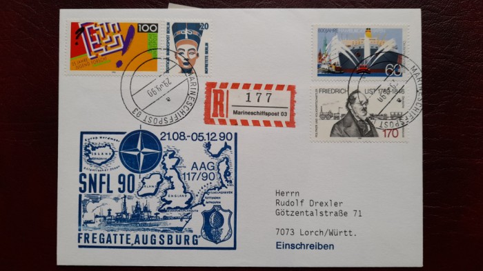 1990-RFG CP rec. st.Cuxhaven st.Marineschiffpost Fregatte Ausburg